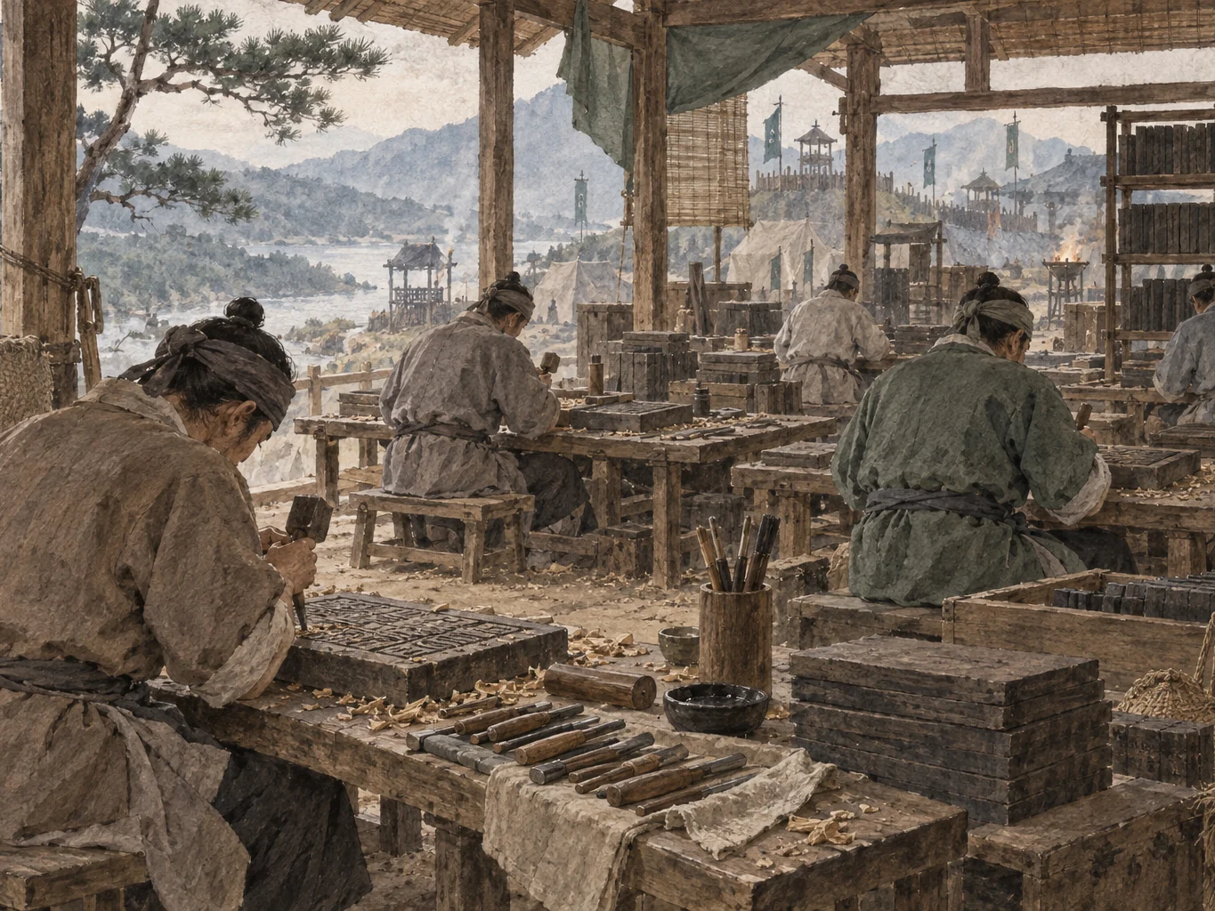 고려 시대 장인들이 목판을 새기는 작업장을 그린 수채화 삽화