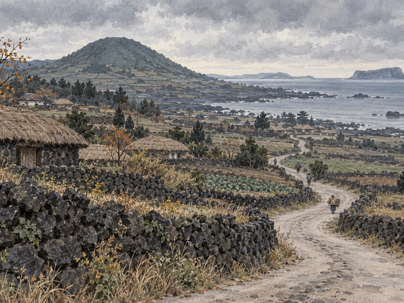 1948년 가을 제주 중산간 마을에서 해안 방향으로 이어지는 길을 그린 수채화 삽화
