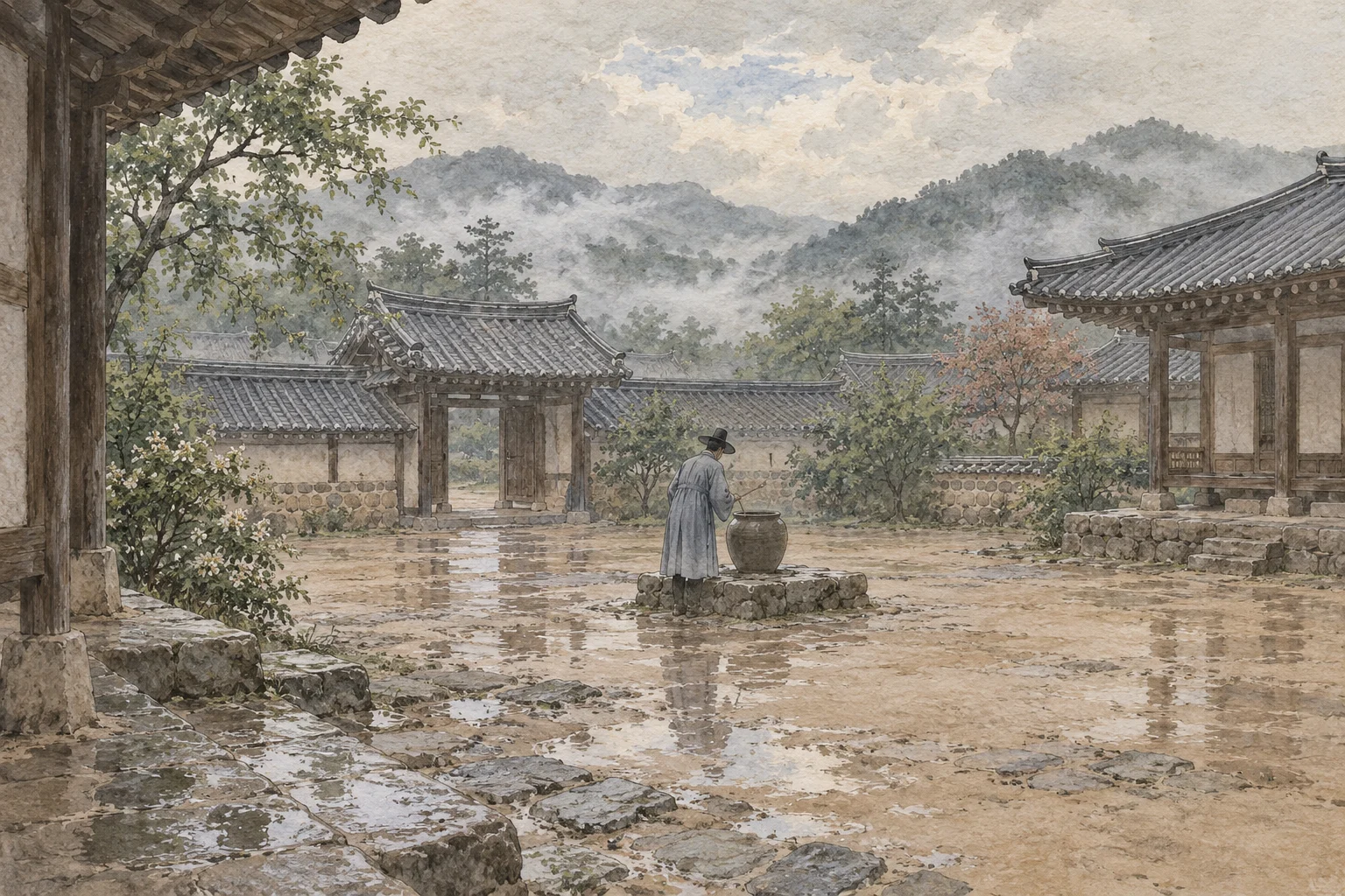 비 갠 객사 뜰에서 질그릇에 고인 빗물을 들여다보는 관리의 뒷모습을 상상해 그린 한지 수채화