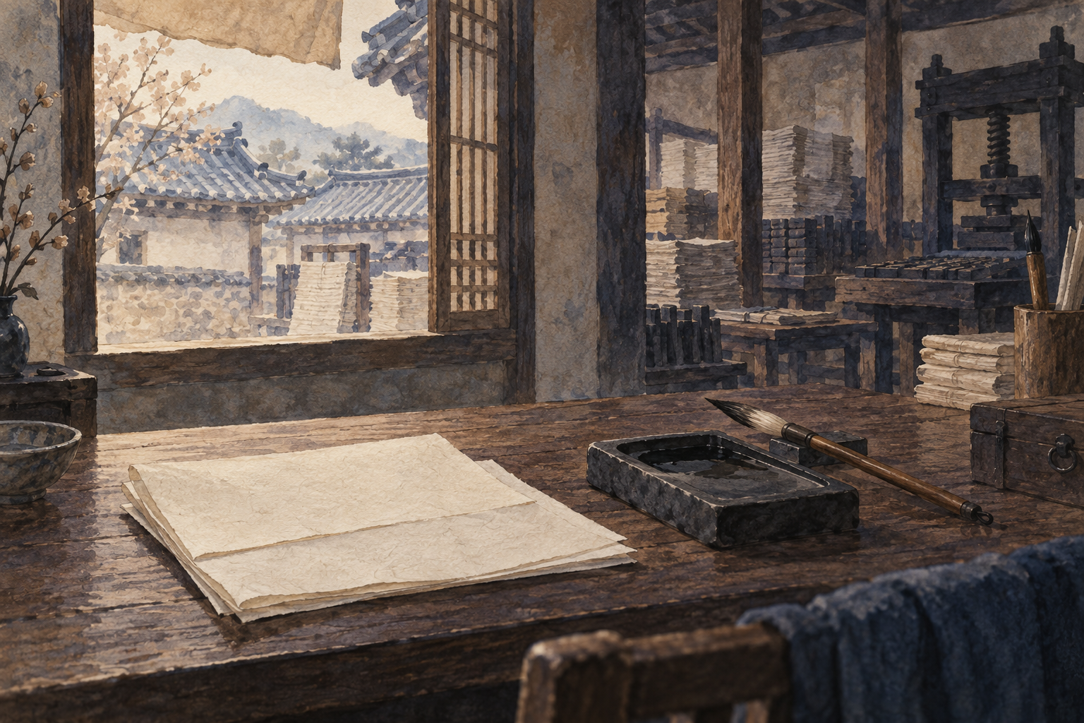 1896년 신문사 책상의 빈 편지지와 붓을 상상해 그린 한지 수채화