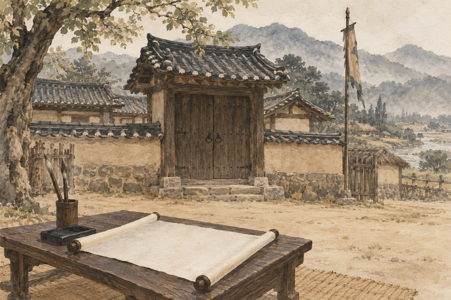 조선 초기 지방 관아의 닫힌 문과 빈 소원지를 상상해 그린 한지 수채화