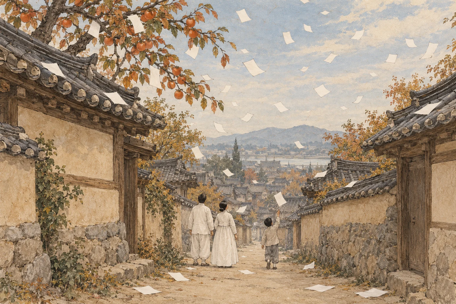 기와집 골목 위로 흩날리는 빈 종이를 사람들이 올려다보는 모습을 상상해 그린 한지 수채화