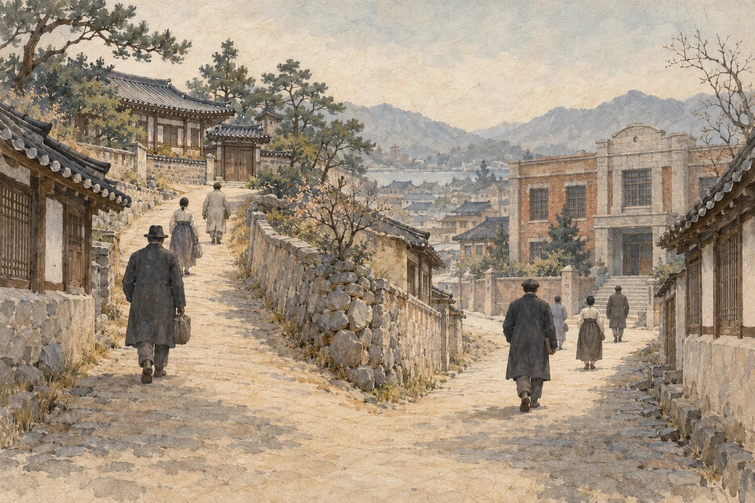기와집 골목과 붉은 벽돌 건물 사이를 오가는 사람들의 뒷모습을 상상해 그린 한지 수채화