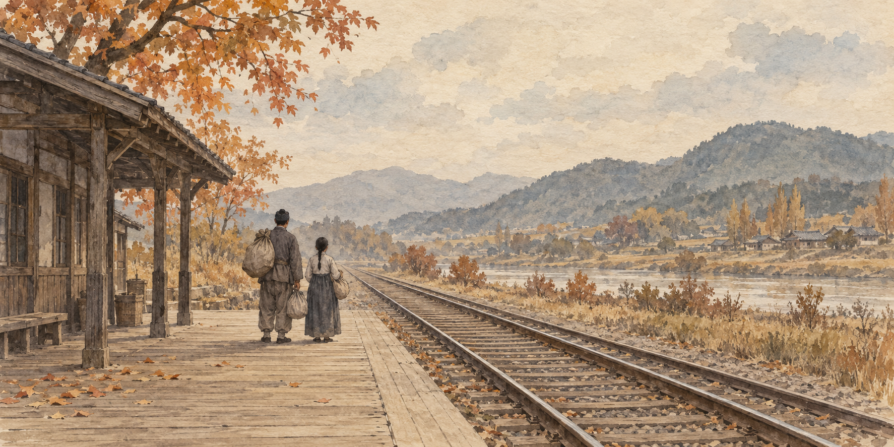 1945년 무렵 한국의 철도역과 여행자를 상상해 그린 한지 수채화