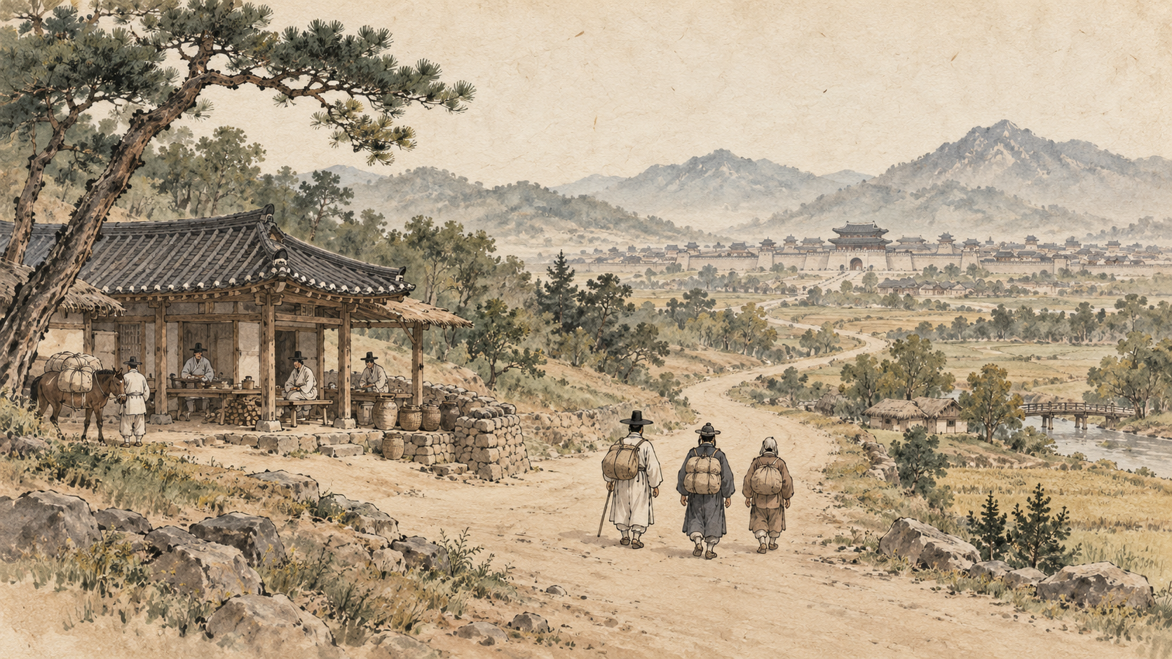 도성으로 이어지는 길과 길가 고을을 상상해 그린 한지 수채화