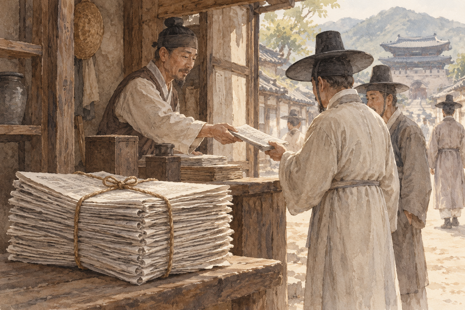 신문 더미를 건네는 19세기 말 가판대를 상상해 그린 한지 수채화