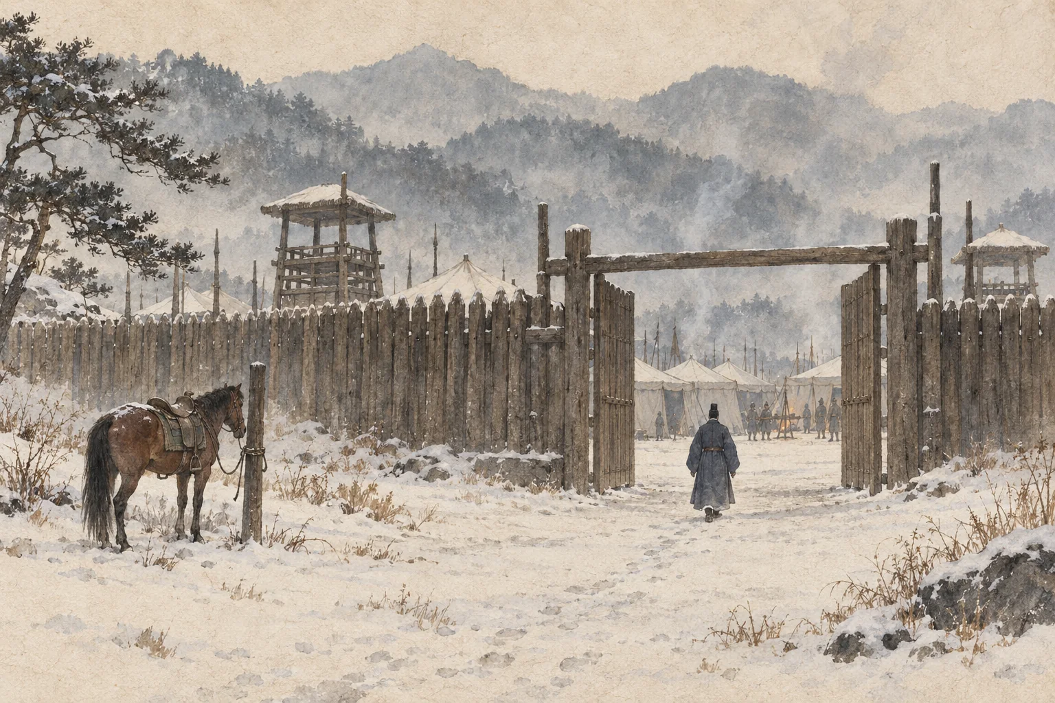 거란 군영의 문 앞에 선 사신의 뒷모습을 상상해 그린 한지 수채화